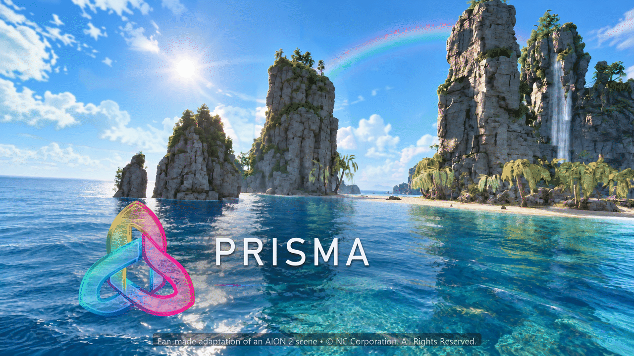 Prisma’s rainbow ribbon emblem over a sunlit AION 2 coast, with blue water, palm trees, clouds, a waterfall and a rainbow. / Emblema prismático da Prisma sobre uma costa ensolarada de AION 2, com mar azul, palmeiras, nuvens, cachoeira e arco-íris.